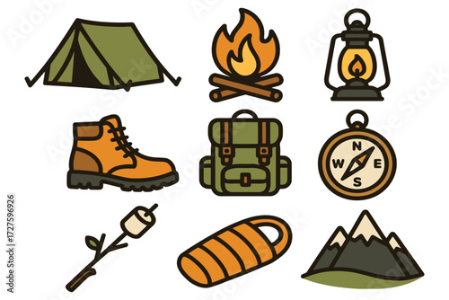 Camping and outdoor adventure icons featuring tent fire lantern boot backpack compass marshmallow