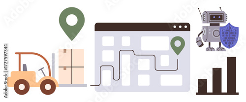 Route map with location pins, forklift moving cargo, robot holding shield, and bar chart. Ideal for supply chain, logistics, automation, innovation AI data analysis e-commerce. Simple flat