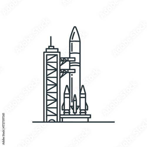 Vector art of a line drawing of a space rocket on a launchpad, , with a tower and three smaller rockets, ready for liftoff generative ai