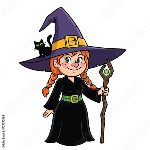Cute cartoon witch with black cat and magic staff isolated on white background