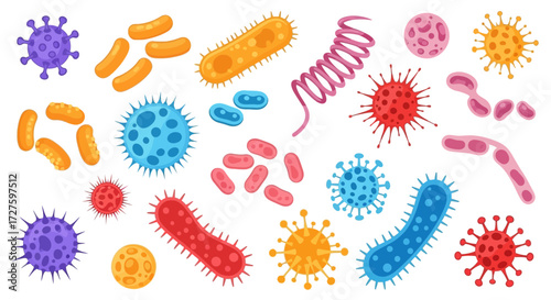 A vibrant collection of colorful cartoon bacteria and viruses with various shapes and forms, illustrating different types of microbes and microorganisms