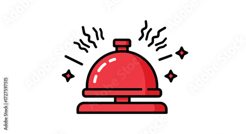 A vibrant red service bell, isolated on a white background, rings with radiating lines and sparkling stars, symbolizing a call for attention or service