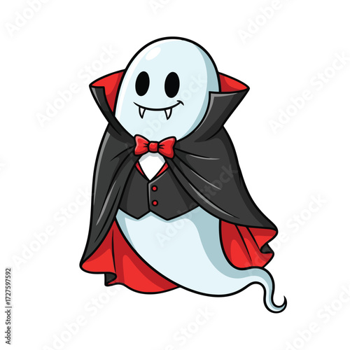 Cute cartoon ghost dressed as a vampire isolated on white background