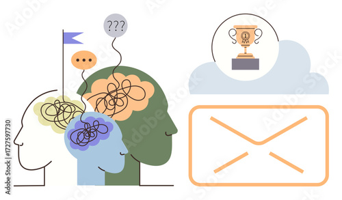 Abstract heads with tangled lines unraveling indicate thoughts merging toward clarity. Envelope with trophy signifies success through collaborative thinking. Ideal for creativity, teamwork, goals