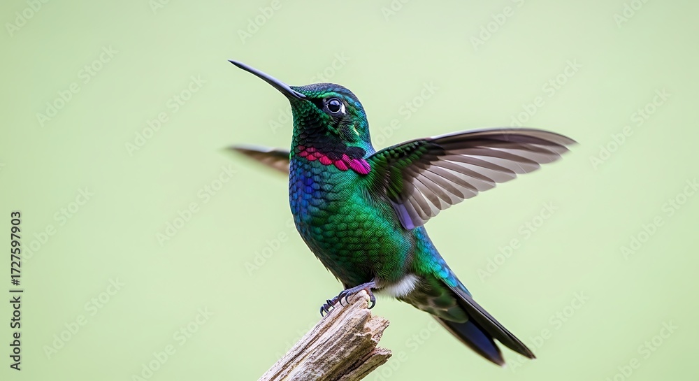 Obraz premium Close up of a colorful hummingbird perched on a branch with wings spread