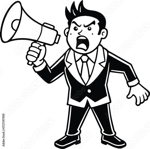 Angry businessman shouting loudly through a megaphone announcing important news or making a demand