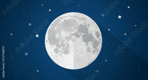 A luminous full moon shines brightly in the dark night sky, surrounded by a swirling pattern of stars and celestial bodies