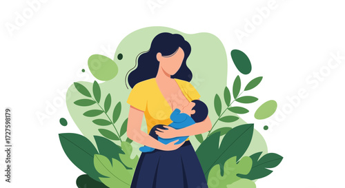 A mother tenderly breastfeeding her baby, surrounded by lush green leaves and organic shapes, symbolizing nurturing and natural connection