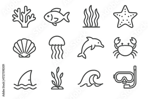 Wave marine icons biology fin starfish vector scuba seaweed shark icon plant