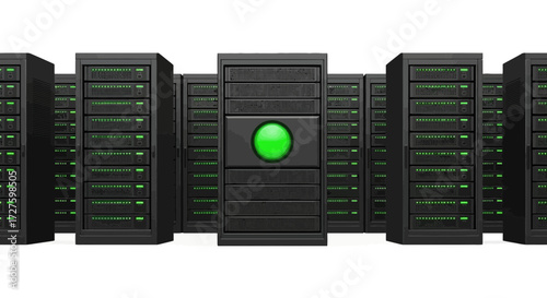 A row of modern server racks with a central unit featuring a glowing green button, symbolizing data processing and technology in a data center environment
