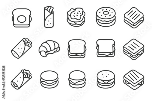 Breakfast wrap avocado ham grilled sandwich icons grid burrito icon cheese vector