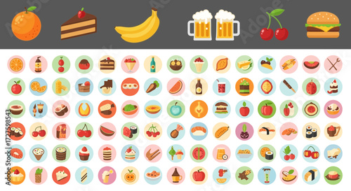 A vibrant collection of flat design food icons, featuring a variety of delicious meals, desserts, fruits, and drinks, presented in a colorful circular arrangement