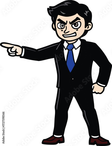 Angry businessman in a black suit and blue tie pointing accusatorily with a furious expression and determined stance