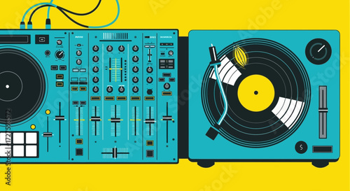 A vibrant turquoise dj turntable and mixer setup is displayed against a bright yellow background, ready for a night of music and performance