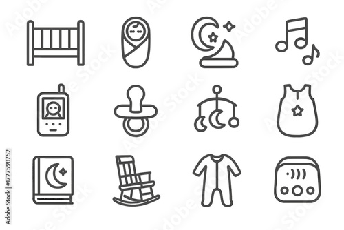 Music icon pajamas vector pacifier bedtime sleep baby icons monitor rockinchair