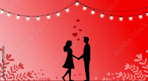 Romantic couple silhouette holding hands under string lights with floating hearts on a red background vector illustration