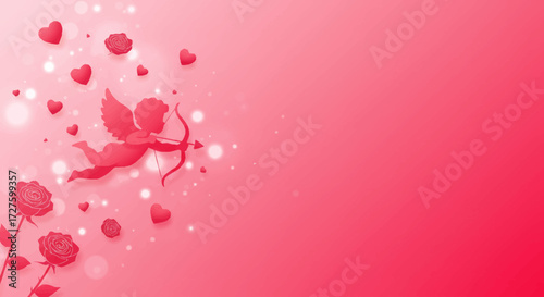 Beautiful Valentine's Day concept featuring a Cupid angel in a paper art style with flying hearts and bokeh lights on a romantic pink gradient background