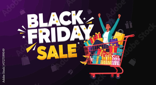 A happy woman is sitting in a shopping cart overflowing with gifts and shopping bags, celebrating a black friday sale with excitement and joy