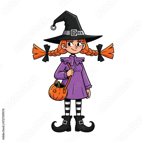 Cute cartoon witch girl with pigtails and pumpkin trick or treat bag