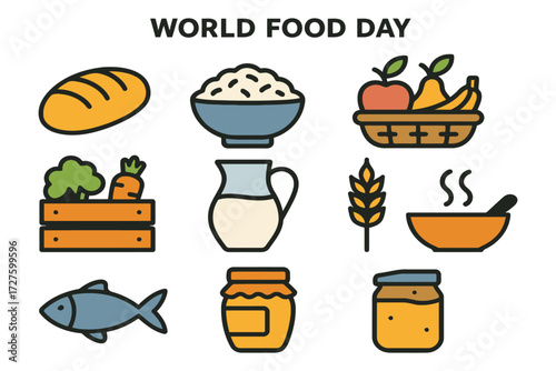 World food day celebration with diverse healthy food icons and ingredients