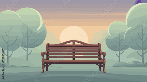 Park Bench Scene Relaxation Tranquil Outdoor Scenery Cartoon