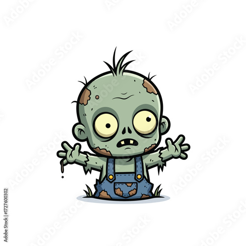Cute cartoon baby zombie with green skin and torn overalls isolated on white background