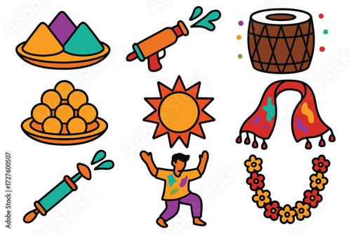Vibrant holi festival icons featuring colors sweets and celebratory elements