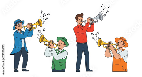 Diverse group of musicians playing trumpets with musical notes.