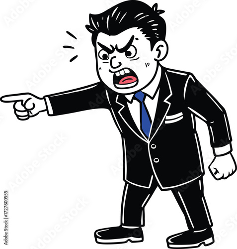 Angry businessman in a suit yelling and pointing finger accusatorily with exasperated expression