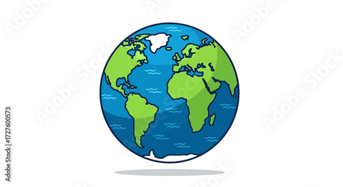 A stylized illustration of planet earth, showcasing continents in green and oceans in blue, isolated on a clean white background