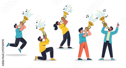 A diverse group of illustrated people joyfully playing trumpets and making music.