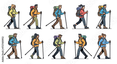 Twelve Hikers with Backpacks and Trekking Poles.