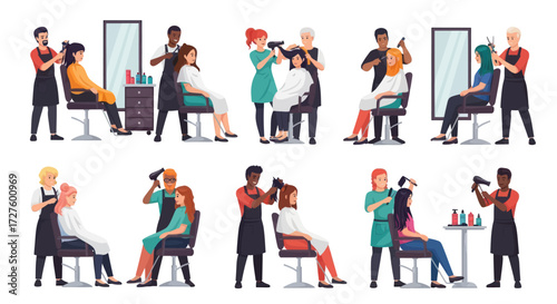 Diverse individuals receiving haircuts and styling in a modern salon setting.