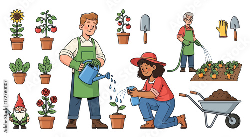 Diverse Gardeners Cultivating Plants and Tools.