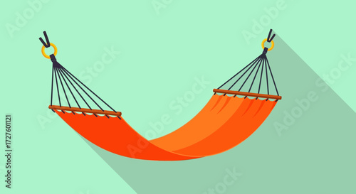 A vibrant orange hammock hangs suspended against a serene teal background, casting a long, distinct shadow, evoking a sense of peaceful relaxation and summer leisure