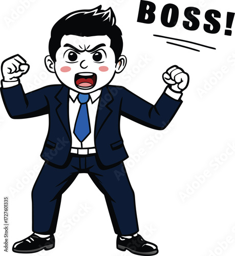 Angry cartoon businessman shouting boss with fists raised in aggressive power pose demonstrating frustration and authority