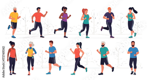 Diverse group of cartoon men and women running and jogging in athletic sportswear.