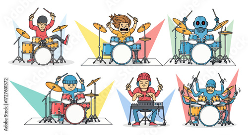 Diverse Cartoon Drummers Performing Energetically on Stage with Spotlights.