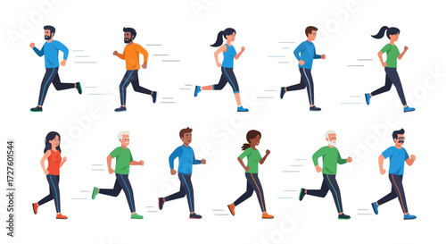 Diverse group of people running in athletic wear showcasing various ages and ethnicities.