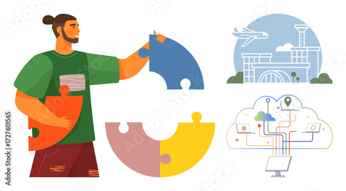Man assembling colorful puzzle pieces, airport infrastructure, and a cloud computing network. Ideal for teamwork, innovation, technology, travel, collaboration, strategy planning simple flat