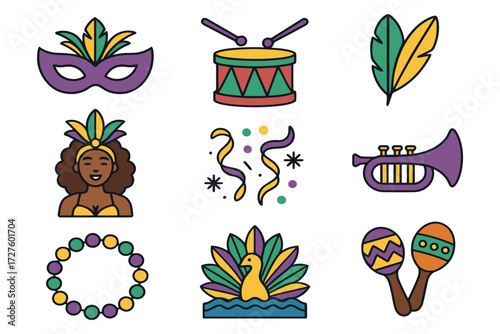 Mardi gras celebration icons featuring mask feathers drum trumpet beads and dancer