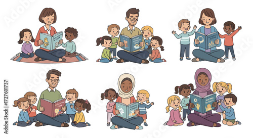 Diverse Adults Reading Stories to Children Educational Cartoon Illustration Set.