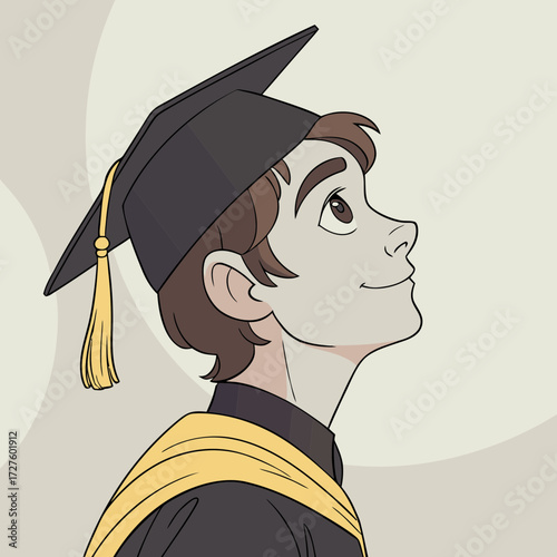 A young man in a graduation cap and gown looks up with a hopeful smile, symbolizing achievement and the bright future ahead