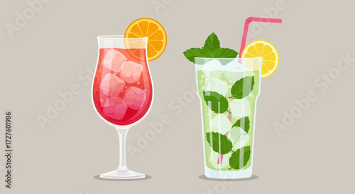 Two refreshing cocktails, one a vibrant red drink with ice and an orange slice, the other a tall glass of mojito with mint leaves, ice, a lemon slice, and a straw, against a neutral background