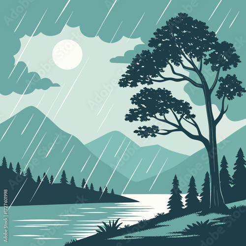 A serene landscape unfolds under a sky filled with falling rain, with a lone tree silhouetted against distant mountains and a calm body of water