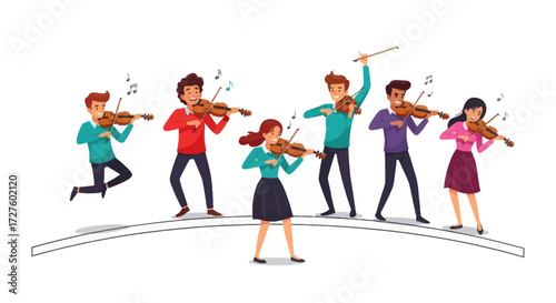 Cartoon Orchestra Playing Violins with Musical Notes and Bows.
