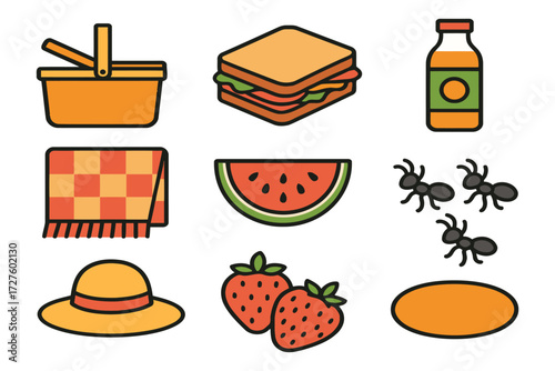 Summer picnic elements including basket sandwich watermelon strawberries hat and ants