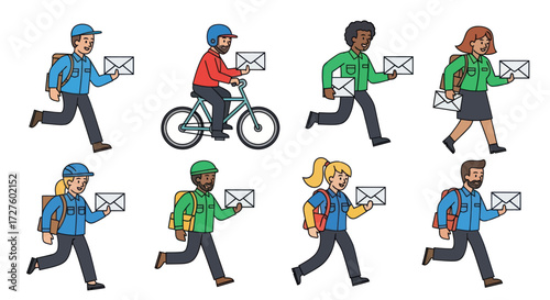 Diverse Cartoon Mail Carriers Delivering Letters and Packages.