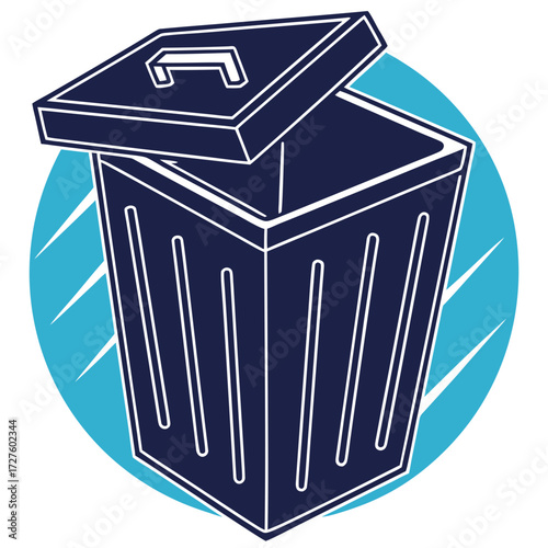A dark blue trash bin with an open lid, set against a bright blue circular background with stylized rays