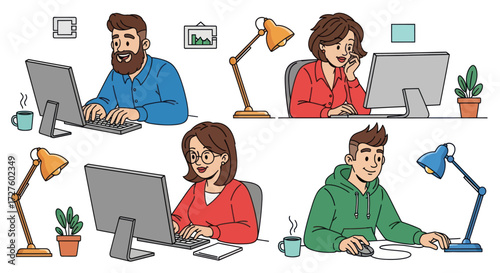 Diverse Team of Office Workers at Desk Computers.